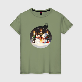Женская футболка хлопок с принтом Ёлочный шарик со снеговиками и свечами , 100% хлопок | прямой крой, круглый вырез горловины, длина до линии бедер, слегка спущенное плечо | 
