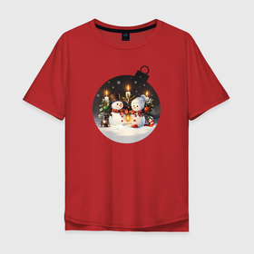 Мужская футболка хлопок Oversize с принтом Ёлочный шарик со снеговиками и свечами в Тюмени, 100% хлопок | свободный крой, круглый ворот, “спинка” длиннее передней части | Тематика изображения на принте: 
