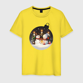 Мужская футболка хлопок с принтом Ёлочный шарик со снеговиками и свечами , 100% хлопок | прямой крой, круглый вырез горловины, длина до линии бедер, слегка спущенное плечо. | Тематика изображения на принте: 