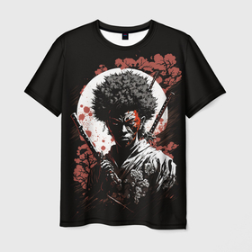 Мужская футболка 3D с принтом Черный самурай на фоне луны в Кировске, 100% полиэфир | прямой крой, круглый вырез горловины, длина до линии бедер | 