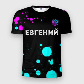Мужская футболка 3D Slim с принтом Евгений и неоновый герб России посередине в Новосибирске, 100% полиэстер с улучшенными характеристиками | приталенный силуэт, круглая горловина, широкие плечи, сужается к линии бедра | 