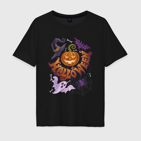 Мужская футболка хлопок Oversize с принтом Хеллоуин колдовская тыква , 100% хлопок | свободный крой, круглый ворот, “спинка” длиннее передней части | Тематика изображения на принте: 
