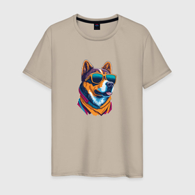 Мужская футболка хлопок с принтом Собака в модных очках в Белгороде, 100% хлопок | прямой крой, круглый вырез горловины, длина до линии бедер, слегка спущенное плечо. | 