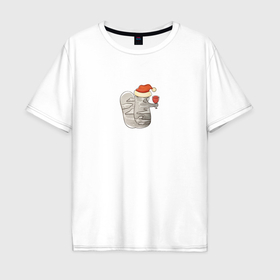 Мужская футболка хлопок Oversize с принтом Одинокий Новогодний кот с бокалом вина , 100% хлопок | свободный крой, круглый ворот, “спинка” длиннее передней части | 
