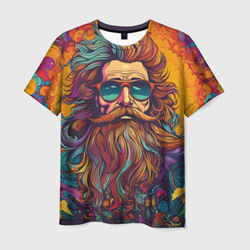 Мужская футболка 3D с принтом Стильный хиппи в очках в Санкт-Петербурге, 100% полиэфир | прямой крой, круглый вырез горловины, длина до линии бедер | Тематика изображения на принте: 