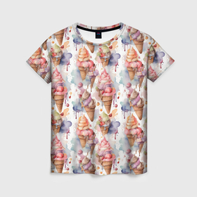 Женская футболка 3D с принтом Паттерн из мороженного в стиле акварели в Екатеринбурге, 100% полиэфир ( синтетическое хлопкоподобное полотно) | прямой крой, круглый вырез горловины, длина до линии бедер | 