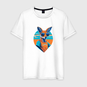 Мужская футболка хлопок с принтом Прикольный кенгуру в Белгороде, 100% хлопок | прямой крой, круглый вырез горловины, длина до линии бедер, слегка спущенное плечо. | 