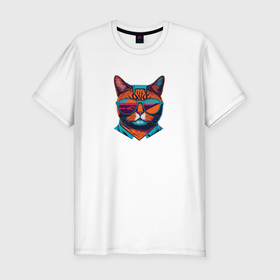 Мужская футболка хлопок Slim с принтом Модный кот в стильных очках в Кировске, 92% хлопок, 8% лайкра | приталенный силуэт, круглый вырез ворота, длина до линии бедра, короткий рукав | 