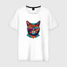 Мужская футболка хлопок с принтом Модный кот в стильных очках в Петрозаводске, 100% хлопок | прямой крой, круглый вырез горловины, длина до линии бедер, слегка спущенное плечо. | 
