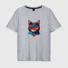 Мужская футболка хлопок Oversize с принтом Модный кот в очках в Екатеринбурге, 100% хлопок | свободный крой, круглый ворот, “спинка” длиннее передней части | 