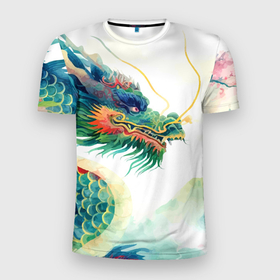 Мужская футболка 3D Slim с принтом Japanese dragon   watercolor art в Новосибирске, 100% полиэстер с улучшенными характеристиками | приталенный силуэт, круглая горловина, широкие плечи, сужается к линии бедра | 