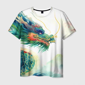 Мужская футболка 3D с принтом Japanese dragon   watercolor art в Новосибирске, 100% полиэфир | прямой крой, круглый вырез горловины, длина до линии бедер | 