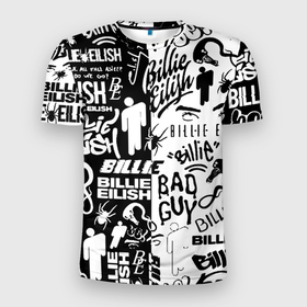 Мужская футболка 3D Slim с принтом Billie Eilish чернобелые битва лого в Петрозаводске, 100% полиэстер с улучшенными характеристиками | приталенный силуэт, круглая горловина, широкие плечи, сужается к линии бедра | 