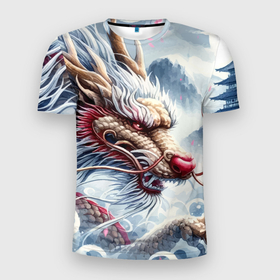 Мужская футболка 3D Slim с принтом Свирепый японский дракон   искусство в Белгороде, 100% полиэстер с улучшенными характеристиками | приталенный силуэт, круглая горловина, широкие плечи, сужается к линии бедра | Тематика изображения на принте: 