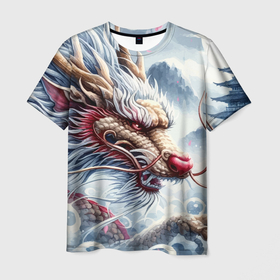 Мужская футболка 3D с принтом Свирепый японский дракон   искусство , 100% полиэфир | прямой крой, круглый вырез горловины, длина до линии бедер | 