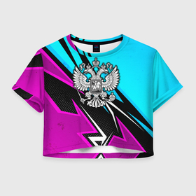 Женская футболка Crop-top 3D с принтом Герб рф   неоновый в Ухте, 100% полиэстер | круглая горловина, длина футболки до линии талии, рукава с отворотами | 