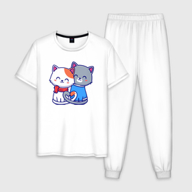 Мужская пижама хлопок с принтом Влюблённые котятки в Новосибирске, 100% хлопок | брюки и футболка прямого кроя, без карманов, на брюках мягкая резинка на поясе и по низу штанин
 | 