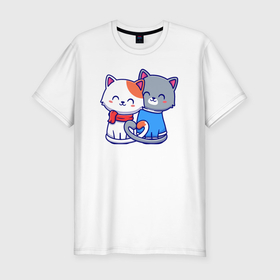 Мужская футболка хлопок Slim с принтом Влюблённые котятки в Петрозаводске, 92% хлопок, 8% лайкра | приталенный силуэт, круглый вырез ворота, длина до линии бедра, короткий рукав | Тематика изображения на принте: 
