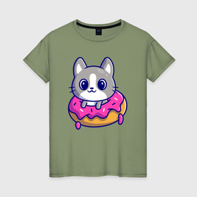 Женская футболка хлопок с принтом Котёнок и пончик в Петрозаводске, 100% хлопок | прямой крой, круглый вырез горловины, длина до линии бедер, слегка спущенное плечо | 