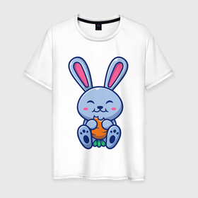 Мужская футболка хлопок с принтом Кролик ест морковку в Екатеринбурге, 100% хлопок | прямой крой, круглый вырез горловины, длина до линии бедер, слегка спущенное плечо. | 