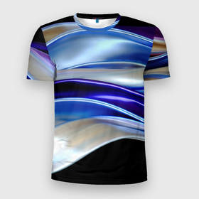 Мужская футболка 3D Slim с принтом Абстрактные волны синего оттенка , 100% полиэстер с улучшенными характеристиками | приталенный силуэт, круглая горловина, широкие плечи, сужается к линии бедра | Тематика изображения на принте: 