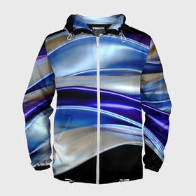 Мужская ветровка 3D с принтом Абстрактные волны синего оттенка в Екатеринбурге, 100% полиэстер | подол и капюшон оформлены резинкой с фиксаторами, два кармана без застежек по бокам, один потайной карман на груди | 