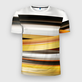 Мужская футболка 3D Slim с принтом Черные белые желтые полосы в Тюмени, 100% полиэстер с улучшенными характеристиками | приталенный силуэт, круглая горловина, широкие плечи, сужается к линии бедра | 