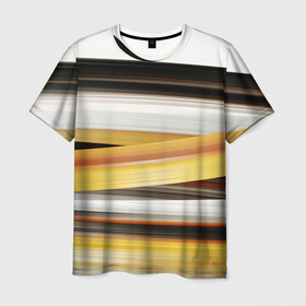 Мужская футболка 3D с принтом Черные белые желтые полосы в Петрозаводске, 100% полиэфир | прямой крой, круглый вырез горловины, длина до линии бедер | 