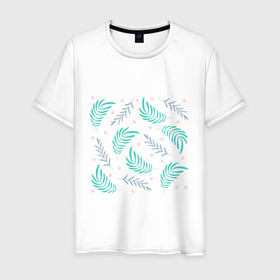 Мужская футболка хлопок с принтом Веточки, растительный узор в Санкт-Петербурге, 100% хлопок | прямой крой, круглый вырез горловины, длина до линии бедер, слегка спущенное плечо. | 