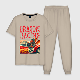 Мужская пижама хлопок с принтом Dragon cool racer   ai art в Петрозаводске, 100% хлопок | брюки и футболка прямого кроя, без карманов, на брюках мягкая резинка на поясе и по низу штанин
 | 