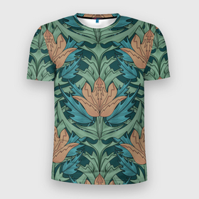 Мужская футболка 3D Slim с принтом Цветы в стиле Уильяма Морриса   паттерн в Белгороде, 100% полиэстер с улучшенными характеристиками | приталенный силуэт, круглая горловина, широкие плечи, сужается к линии бедра | 