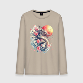 Мужской лонгслив хлопок с принтом Японский дракон на фоне солнца и цветки сакуры в Тюмени, 100% хлопок |  | Тематика изображения на принте: 