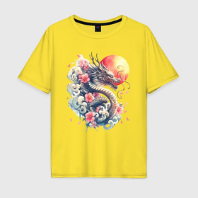 Мужская футболка хлопок Oversize с принтом Японский дракон на фоне солнца и цветки сакуры в Курске, 100% хлопок | свободный крой, круглый ворот, “спинка” длиннее передней части | 