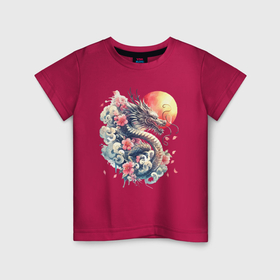 Детская футболка хлопок с принтом Японский дракон на фоне солнца и цветки сакуры в Кировске, 100% хлопок | круглый вырез горловины, полуприлегающий силуэт, длина до линии бедер | 