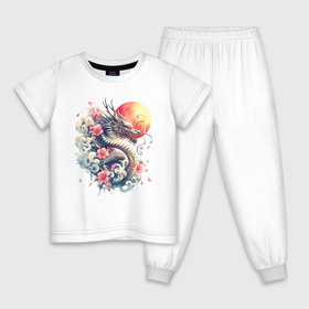 Детская пижама хлопок с принтом Японский дракон на фоне солнца и цветки сакуры в Кировске, 100% хлопок |  брюки и футболка прямого кроя, без карманов, на брюках мягкая резинка на поясе и по низу штанин
 | 