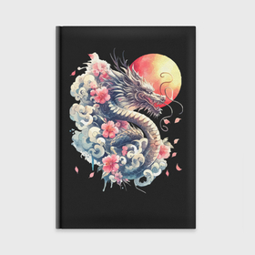 Ежедневник с принтом Японский дракон на фоне солнца и цветки сакуры в Санкт-Петербурге,  |  | Тематика изображения на принте: 