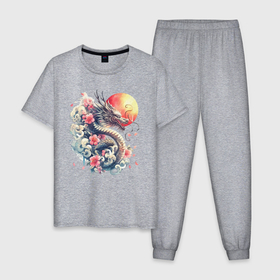 Мужская пижама хлопок с принтом Японский дракон на фоне солнца и цветки сакуры в Белгороде, 100% хлопок | брюки и футболка прямого кроя, без карманов, на брюках мягкая резинка на поясе и по низу штанин
 | Тематика изображения на принте: 