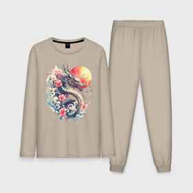 Мужская пижама с лонгсливом хлопок с принтом Японский дракон на фоне солнца и цветки сакуры в Тюмени,  |  | Тематика изображения на принте: 