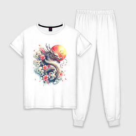 Женская пижама хлопок с принтом Японский дракон на фоне солнца и цветки сакуры в Кировске, 100% хлопок | брюки и футболка прямого кроя, без карманов, на брюках мягкая резинка на поясе и по низу штанин | 