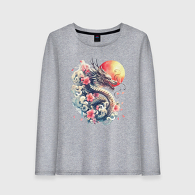 Женский лонгслив хлопок с принтом Японский дракон на фоне солнца и цветки сакуры в Белгороде, 100% хлопок |  | Тематика изображения на принте: 