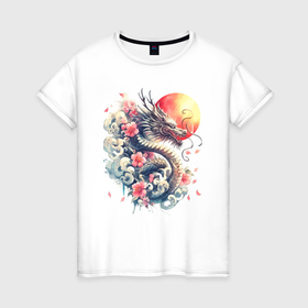Женская футболка хлопок с принтом Японский дракон на фоне солнца и цветки сакуры в Петрозаводске, 100% хлопок | прямой крой, круглый вырез горловины, длина до линии бедер, слегка спущенное плечо | 