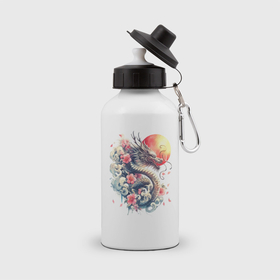 Бутылка спортивная с принтом Японский дракон на фоне солнца и цветки сакуры в Санкт-Петербурге, металл | емкость — 500 мл, в комплекте две пластиковые крышки и карабин для крепления | 