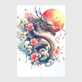 Магнитный плакат 2Х3 с принтом Японский дракон на фоне солнца и цветки сакуры в Курске, Полимерный материал с магнитным слоем | 6 деталей размером 9*9 см | Тематика изображения на принте: 