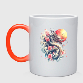 Кружка хамелеон с принтом Японский дракон на фоне солнца и цветки сакуры в Петрозаводске, керамика | меняет цвет при нагревании, емкость 330 мл | Тематика изображения на принте: 