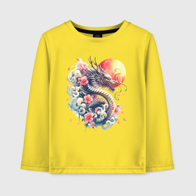 Детский лонгслив хлопок с принтом Японский дракон на фоне солнца и цветки сакуры , 100% хлопок | круглый вырез горловины, полуприлегающий силуэт, длина до линии бедер | 