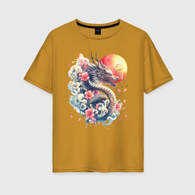 Женская футболка хлопок Oversize с принтом Японский дракон на фоне солнца и цветки сакуры в Кировске, 100% хлопок | свободный крой, круглый ворот, спущенный рукав, длина до линии бедер
 | 