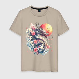 Мужская футболка хлопок с принтом Японский дракон на фоне солнца и цветки сакуры в Белгороде, 100% хлопок | прямой крой, круглый вырез горловины, длина до линии бедер, слегка спущенное плечо. | Тематика изображения на принте: 