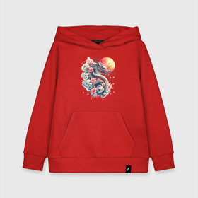 Детская толстовка хлопок с принтом Японский дракон на фоне солнца и цветки сакуры в Рязани, 100% хлопок | Круглый горловой вырез, эластичные манжеты, пояс, капюшен | Тематика изображения на принте: 