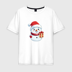 Мужская футболка хлопок Oversize с принтом Снеговик с подарком в Екатеринбурге, 100% хлопок | свободный крой, круглый ворот, “спинка” длиннее передней части | Тематика изображения на принте: 