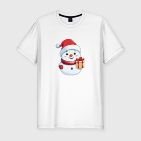 Мужская футболка хлопок Slim с принтом Снеговик с подарком в Курске, 92% хлопок, 8% лайкра | приталенный силуэт, круглый вырез ворота, длина до линии бедра, короткий рукав | 